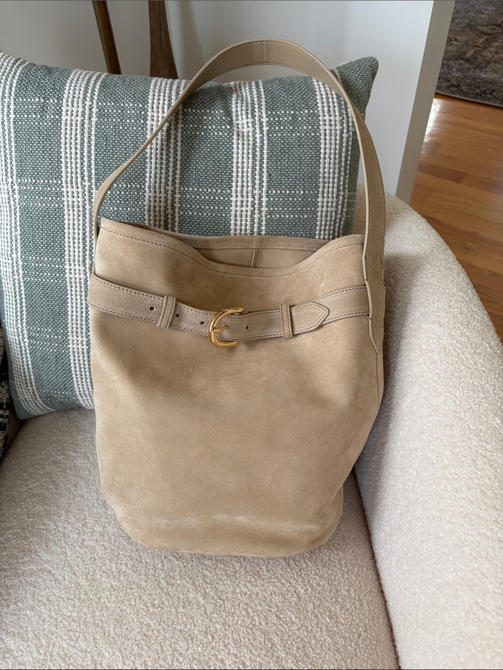 J. Crew suede leather bucket bag in taupe